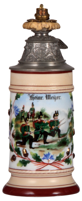Regimental stein, .5L, 10.0'' ht., porcelain, 1. Comp., Garde Jäger Bataillon, Potsdam, 1897 - 1899, no side scenes, eagle thumblift, named to: Heinr. Meÿer, good repair of finial, body mint.