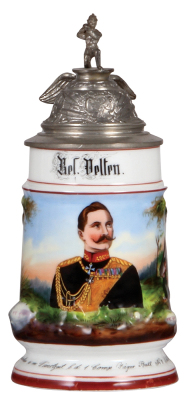 Regimental stein, .5L, 8.8'' ht., porcelain, 1. Comp., Jäger Bataillon Nr. 8, Schlettstadt, 1897 - 1899, two side scenes, eagle thumblift, named to: Res. Velten, finial missing part of rifle barrel, body mint.