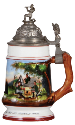 Regimental stein, .5L, 8.8'' ht., porcelain, 1. Comp., Jäger Bataillon Nr. 8, Schlettstadt, 1897 - 1899, two side scenes, eagle thumblift, named to: Res. Velten, finial missing part of rifle barrel, body mint. - 2