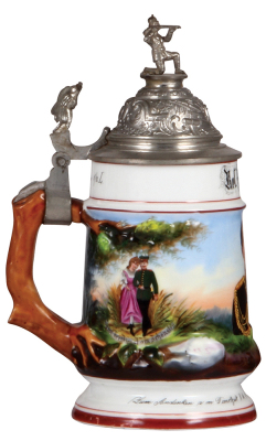 Regimental stein, .5L, 8.8'' ht., porcelain, 1. Comp., Jäger Bataillon Nr. 8, Schlettstadt, 1897 - 1899, two side scenes, eagle thumblift, named to: Res. Velten, finial missing part of rifle barrel, body mint. - 3