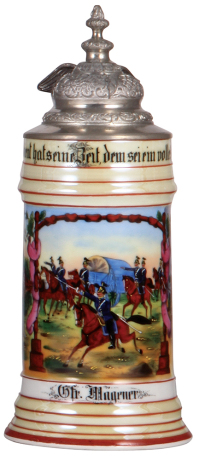 Regimental stein, .5L, 10.0" ht., porcelain, 2. Comp. Train Bat. No. 14, Durlach, 1910 - 1912, two side scenes, roster, eagle thumblift, named to: Gfr. Magener, mint. 