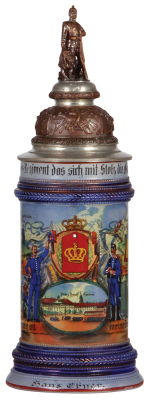 Regimental stein, .5L, 11.6" ht., stoneware, 7. Komp., Inft. Leib Regt., München, 1908 - 1910, four side scenes, roster, lion thumblift, named to: Hans Ebner, a couple of tiny glaze flakes. 