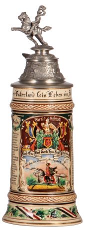 Regimental stein, .5L, 11.7'' ht., pottery, Leib. Esk., Leib Garde Husar Regt., Potsdam, 1906 - 1909, two side scenes, roster, eagle thumblift, named to: Friedr. Heemsoth, mint.
