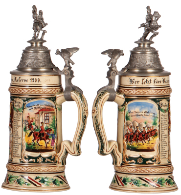 Regimental stein, .5L, 11.7'' ht., pottery, Leib. Esk., Leib Garde Husar Regt., Potsdam, 1906 - 1909, two side scenes, roster, eagle thumblift, named to: Friedr. Heemsoth, mint. - 2