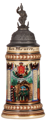 Regimental stein, .5L, 11.2'' ht., pottery, 4. Comp., Jäger Bataillon Nr. 8, Schlettstadt, 1898 - 1900, two side scenes, roster, St. Hubert thumblift, named to: Res. Meurer, pewter strap repaired, body mint.