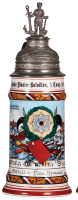 Regimental stein, .5L, 11.6" ht., porcelain, 3. Comp., Garde Pionier Bataillon, Berlin, 1906 - 1908, two side scenes, roster, eagle thumblift, named to: Gefreiter Paul Armann, pewter rim slightly bent in rear, otherwise mint.