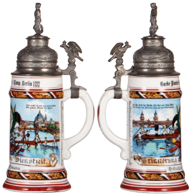 Regimental stein, .5L, 11.6" ht., porcelain, 3. Comp., Garde Pionier Bataillon, Berlin, 1906 - 1908, two side scenes, roster, eagle thumblift, named to: Gefreiter Paul Armann, pewter rim slightly bent in rear, otherwise mint. - 2
