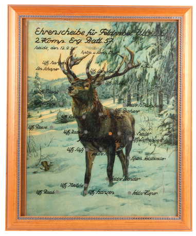 Framed target, frame 18.5" x 22.5", frame is new, target, 2. Komp. Erg. Batl. 57. 12. 9. 36., Feldwebel Ullrich, tear & wrinkle. 