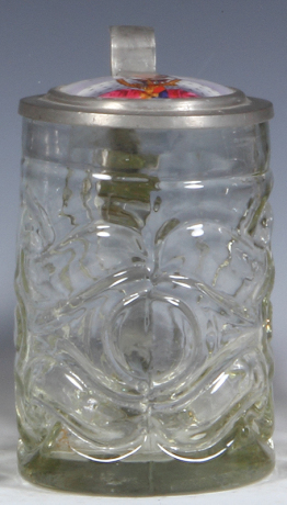 Glass stein, .5L, mold blown, porcelain inlaid lid: Deutscher Kaiser, excellent repair of the pewter strap, otherwise mint.