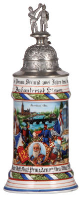 Regimental stein, .5L, 11.0" ht., porcelain, 12. Comp., bayr. Inft. Regt. Nr. 12, Neu-Ulm, 1907 - 1909, four side scenes, roster, lion thumblift, named to: Infanterist Simon, mint. 