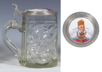 Glass stein, .5L, mold blown, porcelain inlaid lid: Deutscher Kaiser, excellent repair of the pewter strap, otherwise mint. - 2