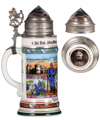 Regimental stein, .5L, 10.8" ht., porcelain, 2. Comp., bayr. Inft. Regt. Nr. 4, Metz, 1912 - 1914, four side scenes, roster, lion thumblift, named to: Reservist Lehmener, screw-off prism lid, photo of owner underneath, mint,  - 3