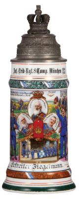 Regimental stein, .5L, 10.7" ht., porcelain, 8. Comp., Inft. Leib Regt., München, 1910 - 1912, four side scenes, roster, lion thumblift, named to: Gefreiter Ziegelmann, lithophane lines, otherwise mint. 