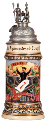 Regimental stein, .5L, 11.4" ht., pottery, 6. Comp., Fuss. Art. Reg. Nr. 7, Köln, 1905 - 1907, four side scenes, eagle thumblift, name, company and dates removed, otherwise mint. 
