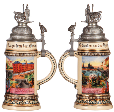 Regimental stein, .5L, 11.4" ht., pottery, 6. Comp., Fuss. Art. Reg. Nr. 7, Köln, 1905 - 1907, four side scenes, eagle thumblift, name, company and dates removed, otherwise mint.  - 2