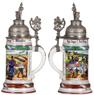Regimental stein, .5L, 11.5" ht., porcelain, 5. Comp., bayr. Inft. Regt. Nr. 1, München, 1908 - 1910, four side scenes, roster, lion thumblift, named to: Bartholomäus Heiss, heavy oxidation to pewter in rear, otherwise mint. - 2