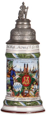 Regimental stein, .5L, 11.2" ht., porcelain, 6. Co., bayr. Inft. Regt. Nr. 1, München, 1908 - 1910, four side scenes, lion thumblift, named to: Martin Wegmeir, mint. 