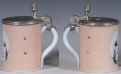 Two glass steins, .25L, blown, mid 1800s, milk glass with peach finish, verse: Aus Freundschaft, pewter lid, mint; with, .5L, blown, white enamel overlay on clear, cut, relief pewter lid, mint. - 2