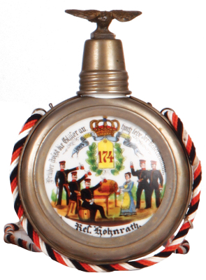 Regimental flask, .25L, porcelain, 7. Comp., Inft. Regt. Nr. 174, Metz, Spandau 1905 - 1907, named to: Res. Hohnrath, mint.