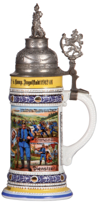 Regimental stein, .5L, 12.3'' ht., porcelain, 6. Komp. bayr. Inft. Regt. Nr. 10, Ingolstadt, 1912 - 1914, four side scenes, roster, lion thumblift, named to: Gefreiter Vanh, screw-off lid with prism underneath, pewter strap repaired, lithophane lines. - 2