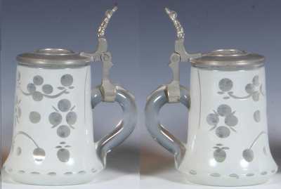 Two glass steins, .25L, blown, mid 1800s, milk glass with peach finish, verse: Aus Freundschaft, pewter lid, mint; with, .5L, blown, white enamel overlay on clear, cut, relief pewter lid, mint. - 3