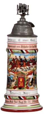 Regimental stein, .5L, 11.7'' ht., porcelain, 6. Battr., Feld Artl. Regt. Nr. 51, Strassburg, 1906 - 1908, four side scenes, roster is faded, eagle thumblift, named to: Reservist Jäger, name a little worn.