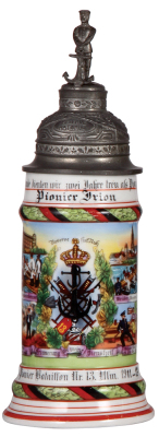 Regimental stein, .5L, 11.9" ht., porcelain, 1. Comp., Pionier Bataillon Nr. 13, Ulm, 1911 - 1913, four side scenes, roster, sparrow thumblift, named to: Pionier Drion, mint. 