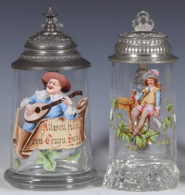 Two glass steins, .5L, blown, transfer & hand-painted, pewter lids, mint.