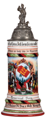 Regimental stein, .5L, 12.0" ht., porcelain, 1. Comp., Inft. Regt. Nr. 122, Heilbronn, 1904 - 1906, two side scenes, roster, Württemberg thumblift, named to: Reservist Sorg, faint lithophane lines & one heavy lithophane line.