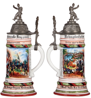 Regimental stein, .5L, 12.0" ht., porcelain, 1. Comp., Inft. Regt. Nr. 122, Heilbronn, 1904 - 1906, two side scenes, roster, Württemberg thumblift, named to: Reservist Sorg, faint lithophane lines & one heavy lithophane line. - 2