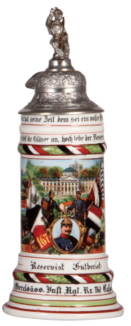 Regimental stein, .5L, 12.2" ht., porcelain, 4. Comp., Inft. Regt. Nr. 167, Cassel, 1907 - 1909, four side scenes, roster, eagle thumblift, named to: Reservist Gutberiet, mint.