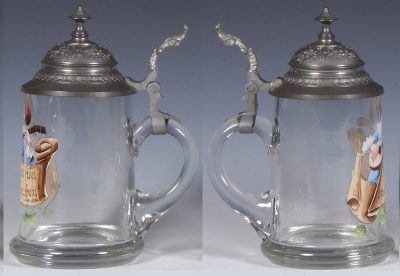 Two glass steins, .5L, blown, transfer & hand-painted, pewter lids, mint. - 2