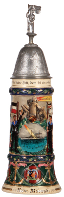 Regimental stein, 1.0L, 15.2" ht., pottery, S.M.S Oldenburg, 1911 - 1914, four side scenes, roster, eagle thumblift, named to: Resv. Milowski, a couple of tiny flakes on relief.