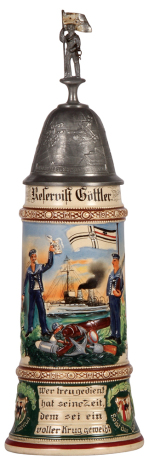 Regimental stein, 1.0L, 15.3" ht., pottery, S.M.S. Drache, 1910 - 1913, two side scenes, roster, eagle thumblift, named to: Reservist Göttler, small dent on side of lid, minor pewter tear, body mint.
