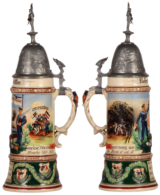 Regimental stein, 1.0L, 15.3" ht., pottery, S.M.S. Drache, 1910 - 1913, two side scenes, roster, eagle thumblift, named to: Reservist Göttler, small dent on side of lid, minor pewter tear, body mint. - 2