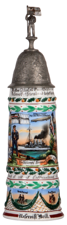 Regimental stein, 1.0L, 15.5" ht., porcelain, S.M.S. Ostfriesland, 1912 - 1915, four side scenes, roster, eagle thumblift, named to: Reservist Brill, with photo of ship, mint.