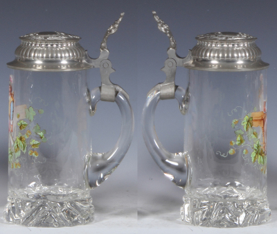 Two glass steins, .5L, blown, transfer & hand-painted, pewter lids, mint. - 3