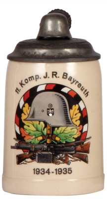 German military stein, .5L, pottery, 11. Komp., I.R. Bayreuth, 1934 - 1935, pewter lid with helmet finial, owner's name on lid, mint. A DETAILED PHOTO OF THE BODY IS AVAILABLE, PLEASE EMAIL YOUR REQUEST.