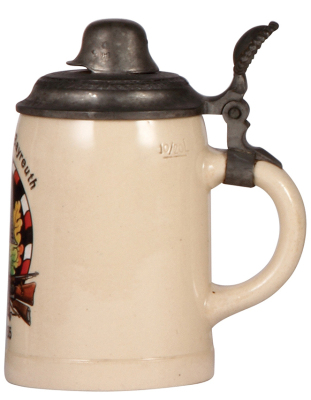 German military stein, .5L, pottery, 11. Komp., I.R. Bayreuth, 1934 - 1935, pewter lid with helmet finial, owner's name on lid, mint. A DETAILED PHOTO OF THE BODY IS AVAILABLE, PLEASE EMAIL YOUR REQUEST. - 2