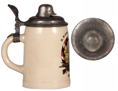 German military stein, .5L, pottery, 11. Komp., I.R. Bayreuth, 1934 - 1935, pewter lid with helmet finial, owner's name on lid, mint. A DETAILED PHOTO OF THE BODY IS AVAILABLE, PLEASE EMAIL YOUR REQUEST. - 4