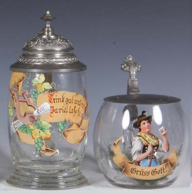 Two glass steins, .5L, blown, transfer & hand-painted, pewter lid, mint; with, .5L, blown, transfer & hand-painted, metal lid, tear at rear of lid repaired, glass mint.