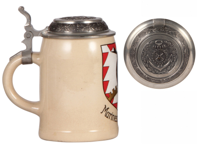 German military stein, .5L, pottery, late 1930s, Marineschule Kiel, relief pewter lid: anchor, rare, mint. - 3