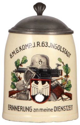 German military stein, .5L, pottery, late 1930s, 8. M.G. Komp., I.R. 63, Ingolstadt, pewter lid, small chips on base rim. A DETAILED PHOTO OF THE BODY IS AVAILABLE, PLEASE EMAIL YOUR REQUEST.