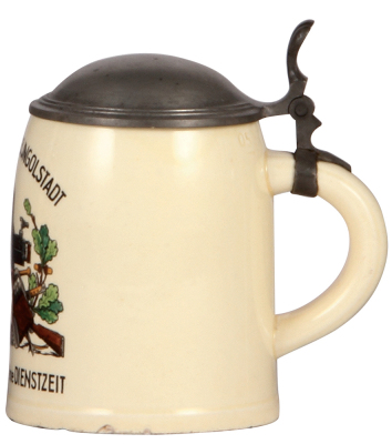 German military stein, .5L, pottery, late 1930s, 8. M.G. Komp., I.R. 63, Ingolstadt, pewter lid, small chips on base rim. A DETAILED PHOTO OF THE BODY IS AVAILABLE, PLEASE EMAIL YOUR REQUEST. - 2