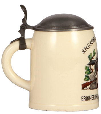 German military stein, .5L, pottery, late 1930s, 8. M.G. Komp., I.R. 63, Ingolstadt, pewter lid, small chips on base rim. A DETAILED PHOTO OF THE BODY IS AVAILABLE, PLEASE EMAIL YOUR REQUEST. - 3