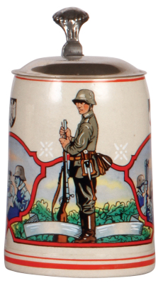 German military stein, .5L, stoneware, late 1930s, machine gun scenes, metal lid, mint. A DETAILED PHOTO OF THE BODY IS AVAILABLE, PLEASE EMAIL YOUR REQUEST. 