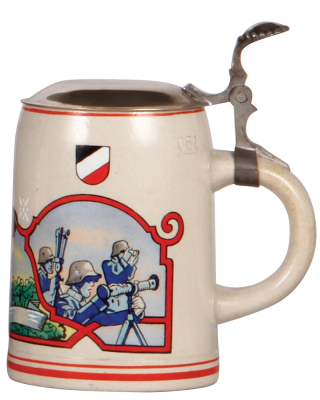 German military stein, .5L, stoneware, late 1930s, machine gun scenes, metal lid, mint. A DETAILED PHOTO OF THE BODY IS AVAILABLE, PLEASE EMAIL YOUR REQUEST.  - 2