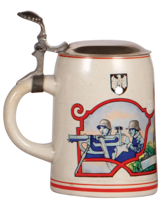 German military stein, .5L, stoneware, late 1930s, machine gun scenes, metal lid, mint. A DETAILED PHOTO OF THE BODY IS AVAILABLE, PLEASE EMAIL YOUR REQUEST.  - 3