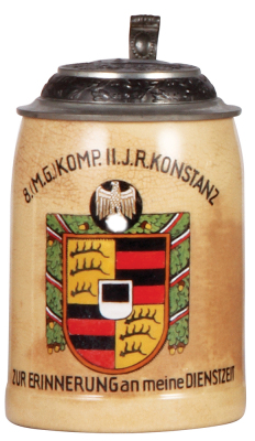 German military stein, .5L, pottery, late 1930s, 8. [M.G.] Komp., 11. I.R. Konstanz, pewter lid with relief helmet with swastika, glaze browning, mint. DETAILED PHOTOS OF THE BODY & THE LID ARE AVAILABLE, PLEASE EMAIL YOUR REQUEST.