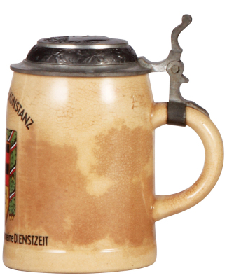 German military stein, .5L, pottery, late 1930s, 8. [M.G.] Komp., 11. I.R. Konstanz, pewter lid with relief helmet with swastika, glaze browning, mint. DETAILED PHOTOS OF THE BODY & THE LID ARE AVAILABLE, PLEASE EMAIL YOUR REQUEST. - 2